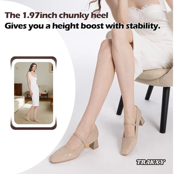 Women's Beige Square Toe Mary Jane Comfortable Closed Toe Chunky Block Heels - Picture 5 of 8